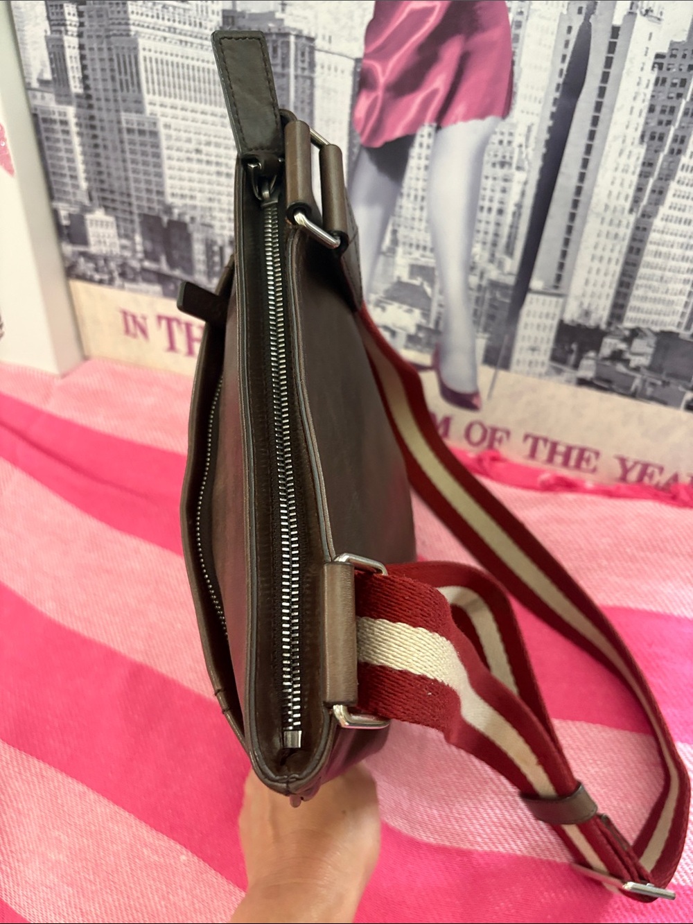 Bally Brown Leather Crossbody with Red and Cream Striped Strap - Picture 6 of 10